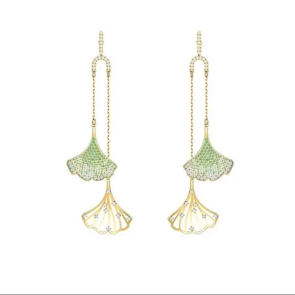 Swarovski Gold Fun 2-Leaf Gingko Long Dangle Luxury Sparkle Pin Earrings - Picture 1 of 9